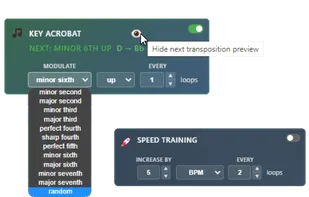 Speed Training and Key Acrobat: Automatic progression modules that increase tempo or transpose through all 12 keys with each loop repetition.
