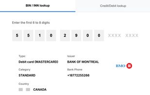 CC bin lookup by INN/BIN display, display card types