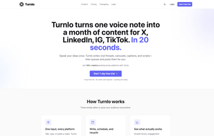 Turnlo homepage – voice-powered Growth Engine for X overview.