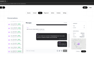User can see the responses of AI Agent live , beside human agent can start conversation anytime with their customer. Beside, customers public meta data would be shown here for more personalized.
