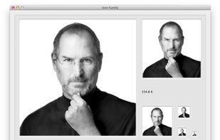  File Buddy can display all available sizes of an item’s icon. Pictured above is File Buddy’s icon family viewer displaying a set of icons created from a picture of Apple cofounder Steve Jobs using File Buddy’s Info window. All supported sizes were created for this example, but you control which sizes File Buddy creates when it creates a custom icon to ensure you aren't wasting disk space for icon sizes you won’t use. 