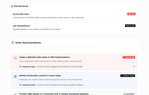 Risk Monitoring generates prioritized, impact-rated action recommendations by analyzing YouTube comments for recurring issues and user dissatisfaction.