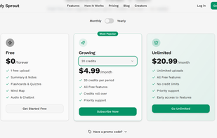“Flexible and affordable credit-based plans for every student. Start free with one upload, upgrade anytime, and enjoy rollover credits or unlimited access.”