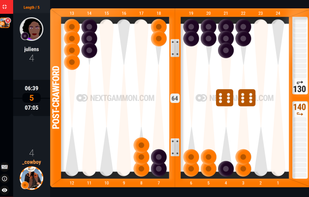 Backgammon match screen. You can change theme and color scheme as well.