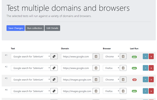 Tests can be combined in a collection. With a collection, the default parameters can be overwritten. This allows a test to not only run against it's predefine URL domain or browser, but against any desired combination. This is a useful feature to facilitate running the same test against a development environment, a user acceptence environment, a build server, etc.