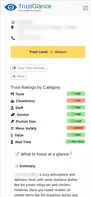 Example trust insights page — overall trust level, category ratings, and clear pros, cons, and summary for a restaurant.