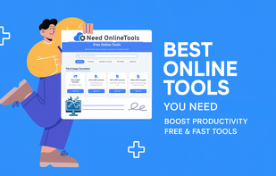 Need Online Tools homepage illustration with a person holding a screen, highlighting the best online productivity tools.