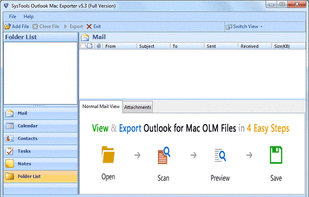 Initial screen of SysTools Outlook Mac Exporter Software . Start Off by adding the OLM files which needs to be converted into PST file format.