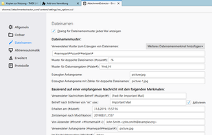 AttachmentExtractor Continued for Thunderbird 
Options Filenamepattern Pane (Thunderbird 68+)
