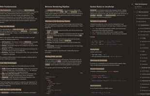 Periplus document system with three side-by-side documents about web development.