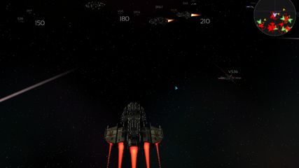 Main screen view from a cruiser near a station being attacked by two enemy cruisers