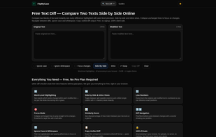 Compare two text files side-by-side or inline with word-level highlighting. Instantly spot additions, deletions, and changes.