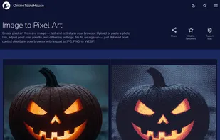 Image to Pixel Art tool showing before and after conversion with adjustable pixelation settings.