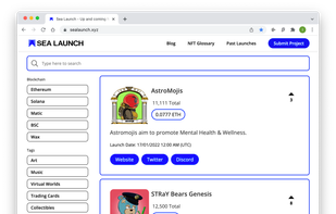 sealaunch.xyz search or filter through categories or favorite blockchain.