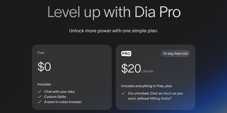 Dia Browser launches a $20/Month Pro plan for unlimited AI usage image