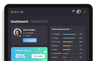 The main ElevateMe health dashboard - Get performance scores based on an at-home blood test (currently) across core performance areas. 
