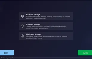 This screenshot shows the main optimization page of System As You Like, where users can select one of three preset modes: Essential, Standard, or Maximum. Each mode applies a different level of system tweaks, allowing you to balance performance, privacy, and stability according to your needs — all with a single click.