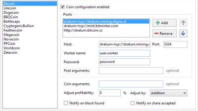 Configure Coins
You can then use the Configure Coins dialog to setup each coin that you would like to mine along with their pools, including support for load balancing.