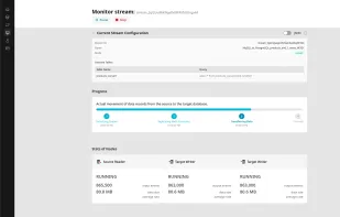 The monitoring interface showing active data transfer with progress tracking, status indicators, and detailed metrics. Displays current stream configuration, progress stages, performance statistics from source reader and target writers, and system logs for troubleshooting. Users can pause or stop transfers while monitoring data volume and transfer rates.