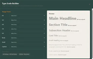 Type Scale Builder generating a complete typographic hierarchy with live preview from headline to caption sizes.