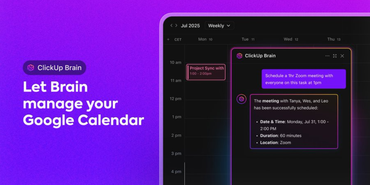 ClickUp introduces connection between Brain and Google Calendar  image