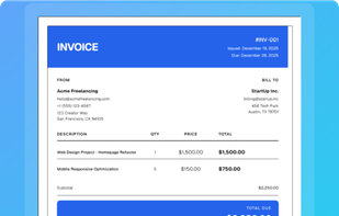Polished, professional PDF invoices that build client trust. Features crystal-clear itemized lists, automatic tax and total calculations, and integrated 'Pay Online' links to speed up your cash flow