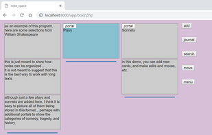 notes are presented as cards in arrays .. "portal" cards link to additional arrays