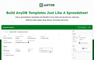 Build AnyDB templates just like a spreadsheet
Like a spreadsheet, templates are flexible in how data can be laid out, allowing different data types, drop downs, formulas and more.