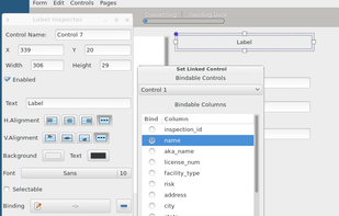 The gui builder in action - here binding a label to a data browser control. 