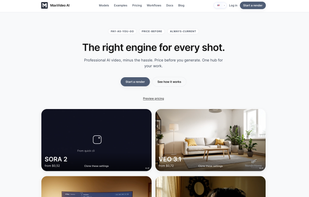 The MaxVideoAI home page, presenting the multi-engine AI video generation platform with clear access to Sora-style, Veo, Pika, Kling and other model options. Highlights the clean interface, pricing transparency and main call-to-action for creators and agencies.