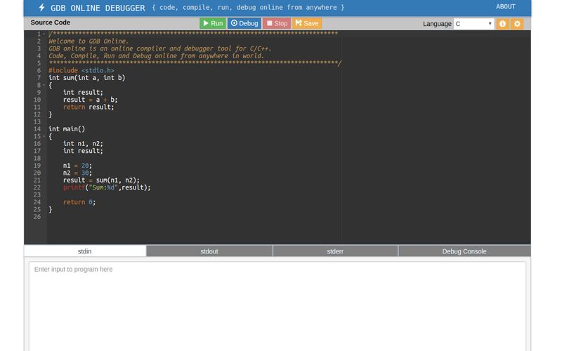 Free** Online compiler and debugger tool for C/C++ languages