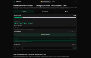 Generate strong passwords, memorable passphrases, and PINs with real-time entropy scoring and crack time estimates. Bulk generate up to 25 at once.