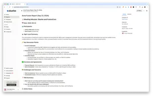 Detailed meeting minutes and action items report for a sales call, summarizing key discussion points, decisions, and next steps.
