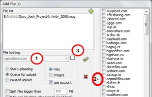 Window for choosing files and its upload settings