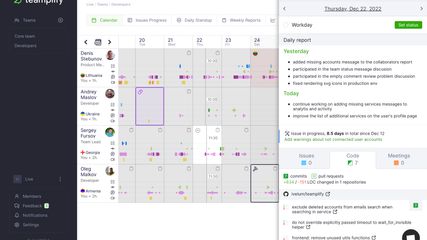 Team Calendar collects the data from your team collaboration tools - GitHub, Jira, Slack, Zoom, and others (12 integrations total). Vacations, sick days, and national holidays are also there, so you can see what your teammates were doing and when they were offline. Click on any day and see the details.