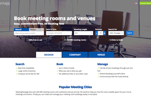 https://meetingpackage.com is the front page of the service. Easy to make search to over 120 countries and there is over 250 000 meetings rooms globally to choose from.