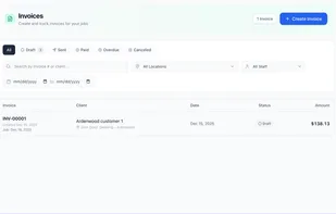 Invoices generated from completed jobs with line items, totals, and payment status tracking.