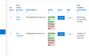 Moodle integration: plagiarism report is available in Grades. Click on the plagiarism score to access a detailed report.