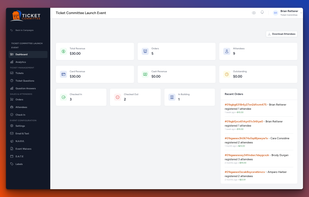 Real-time event dashboard showing revenue, attendance, check-ins, and orders.
