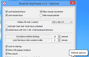 keyfreeze menu

You can customize settings by selecting ‘Options’. There you can change the lock/unlock keyboard shortcut, disable sounds and popup windows, allow mouse movement, and other settings.