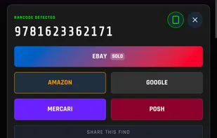 A live camera view scanning a book barcode, featuring instant marketplace search buttons and a history log of previous scans.