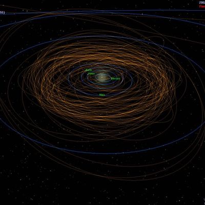 The orbits of a number of main belt asteroids (in brown) plotted together with major planet orbits (in blue).