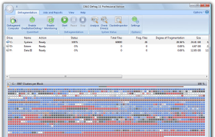 Start page of O&O Defrag 11. You will find all settings and functions in the Ribbon bar. You can select the drives to be defragmented from the list of drives. The Block View displays the level of defragmentation of the chosen drive.