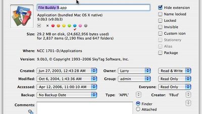 File Buddy’s Info window provides extensive information about files and folders. Modify various attributes and use the toolbar options to perform a wide variety of tasks on the current item.