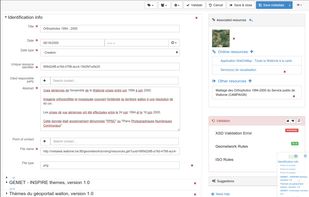 The editor provides uploading of data, graphics, documents, pdf files and any other content type. It supports among other:
multilingual metadata editing,
validation system,
suggestion to improve metadata quality
geopublication of layers to publish geodata layers in OGC services (eg. GeoServer)