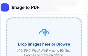 This screen displays the Image to PDF tool. Users can drop or browse for image files (up to 50), then choose export options (one PDF per image or combined), page size, orientation, margins, image quality, and image fit settings. All processing happens on the device for maximum privacy and speed.
