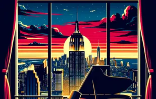 A silhouette of a grand piano overlooking a dusky cityscape viewed from a top-floor penthouse, rendered in the bold and vivid style of a vintage travel poster.