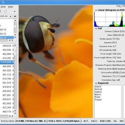 Sidebar with histogram, exif and keywords
