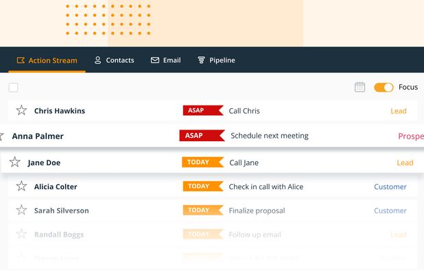 Say goodbye to a dead database! In OnePageCRM, your contacts are sorted by task priority in a dynamic to-do list.