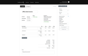 When creating an invoice, users can edit, the font, due date, add a contact and tax rules, which apply automatically to the invoice balance